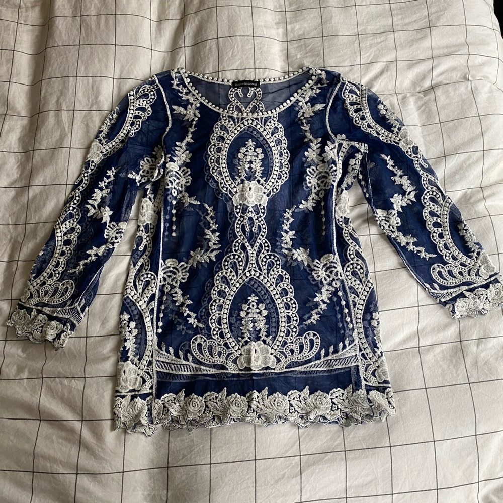 navy blue and white lace cover up